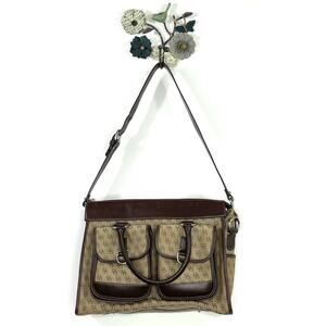 Dooney & Bourke Brown Tan DB Double Pocket Tote Satchel Purse Removable Strap